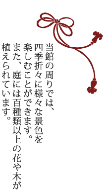 当館の周りでは、四季折々に様々な景色を楽しむことができます。また、庭には百種類以上の花や木が植えられています。